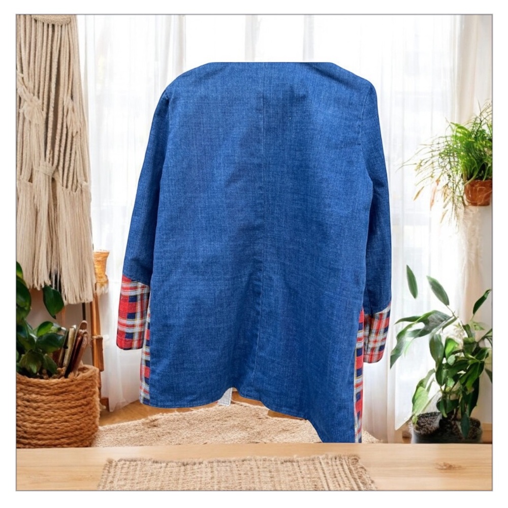 Denim & Red Plaid Open Front Women's Jacket - Picture 4 of 16